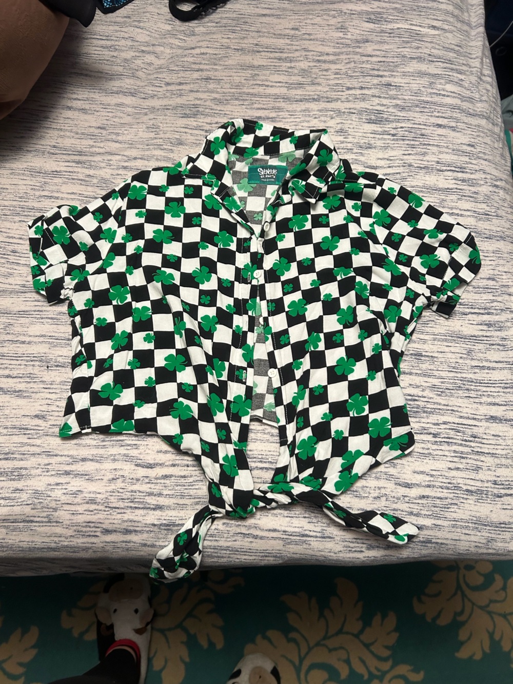 Green Clover Check Button-Front Crop Top